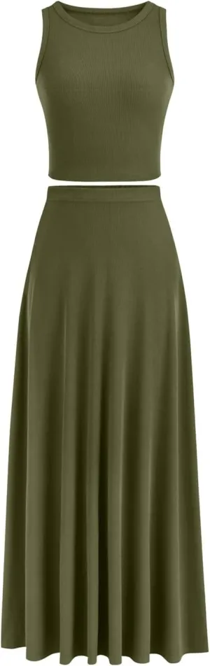 Womens Two Piece Skirt Set Casual Ribbed Knit Crew Neck Short Sleeve Slim Fit Cropped Tops and Swing Midi Skirts Sets