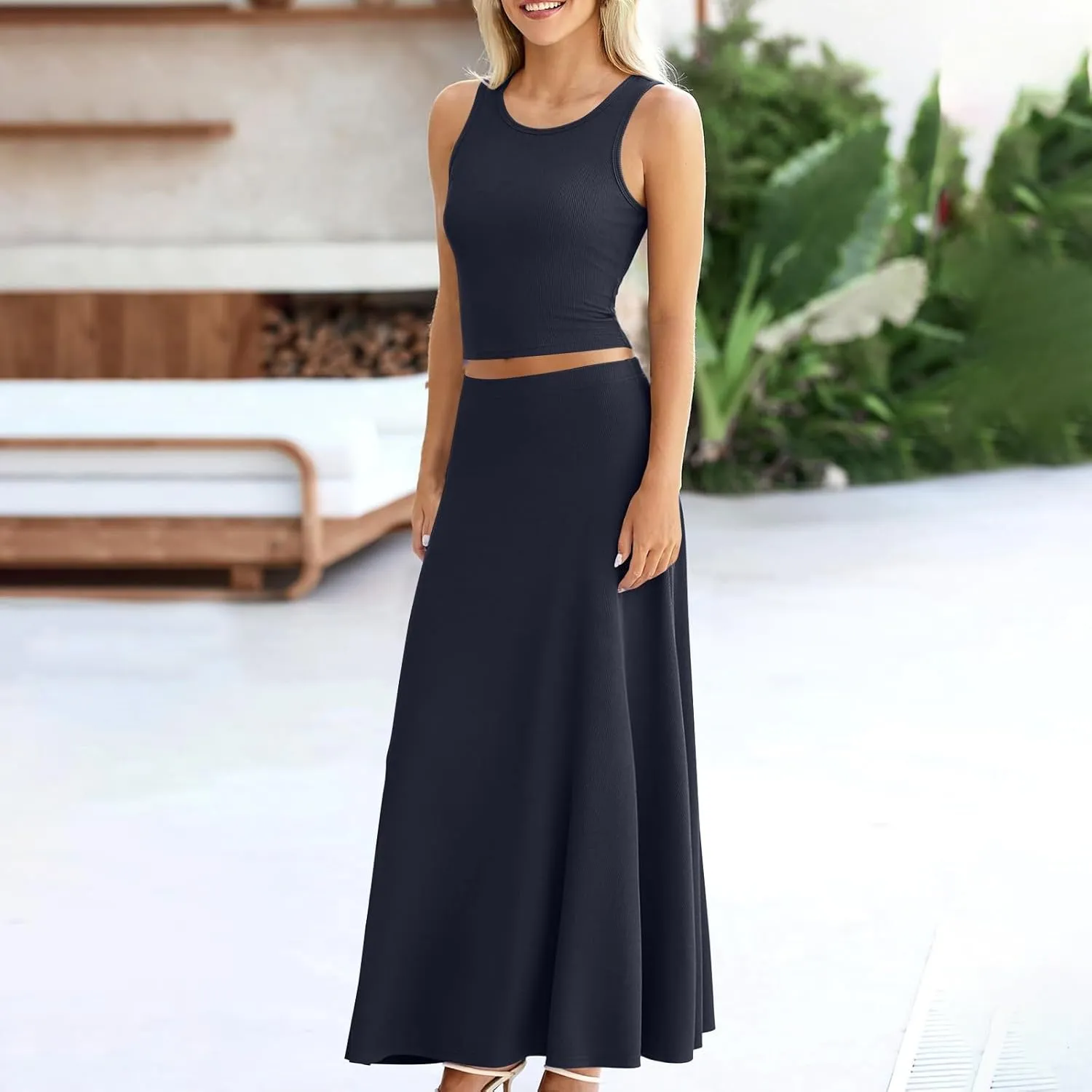 Womens Two Piece Skirt Set Casual Ribbed Knit Crew Neck Short Sleeve Slim Fit Cropped Tops and Swing Midi Skirts Sets