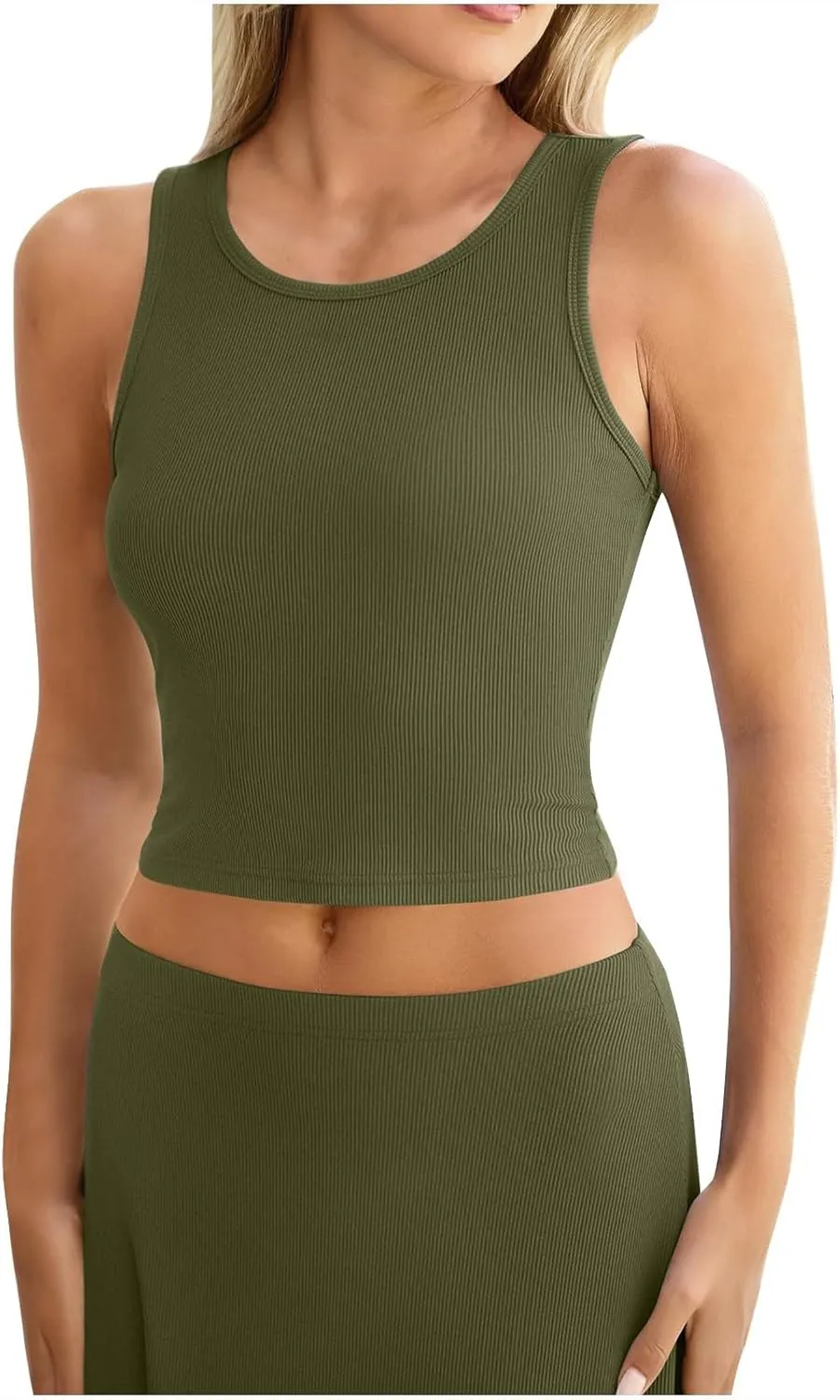 Womens Two Piece Skirt Set Casual Ribbed Knit Crew Neck Short Sleeve Slim Fit Cropped Tops and Swing Midi Skirts Sets