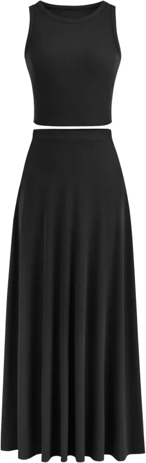 Womens Two Piece Skirt Set Casual Ribbed Knit Crew Neck Short Sleeve Slim Fit Cropped Tops and Swing Midi Skirts Sets