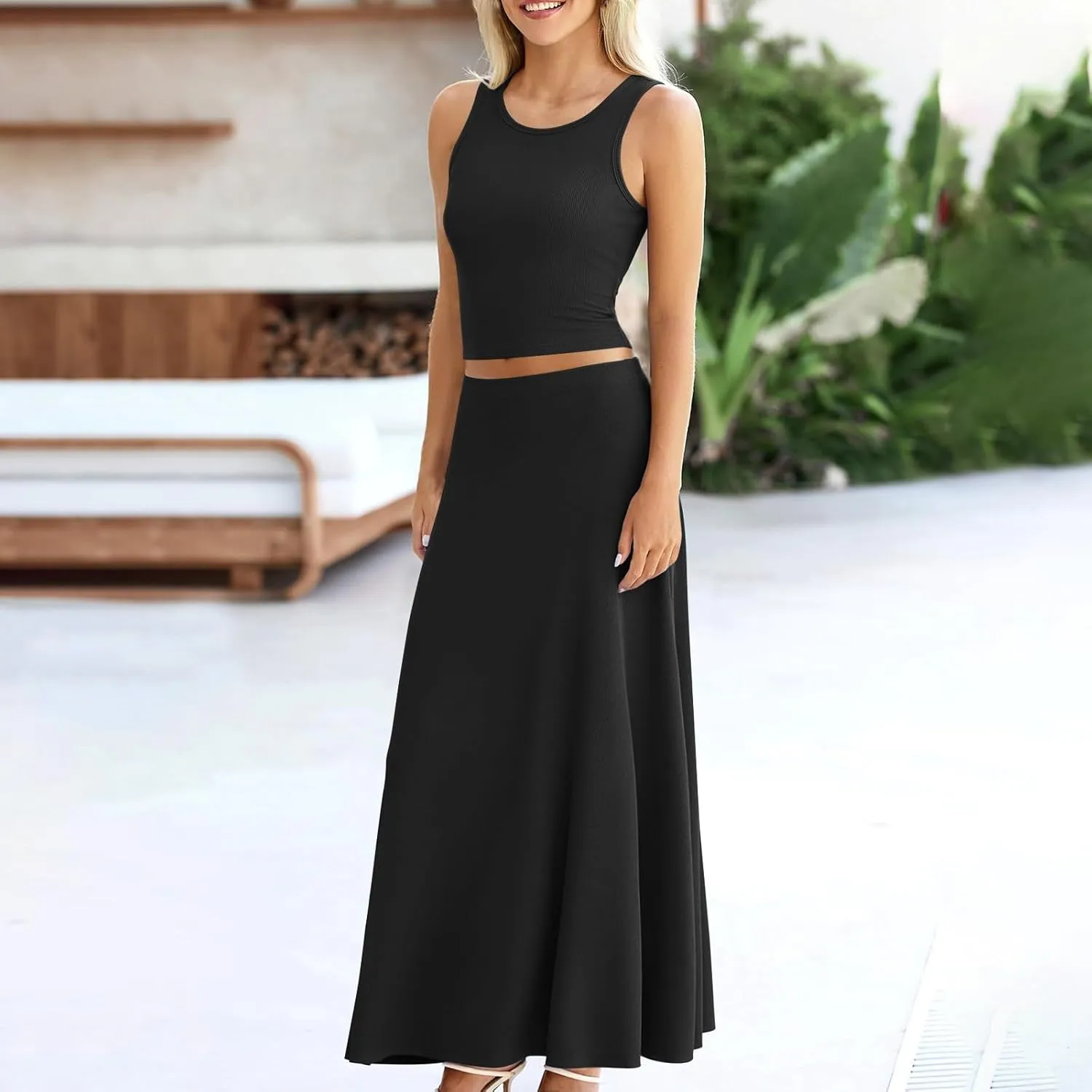 Womens Two Piece Skirt Set Casual Ribbed Knit Crew Neck Short Sleeve Slim Fit Cropped Tops and Swing Midi Skirts Sets