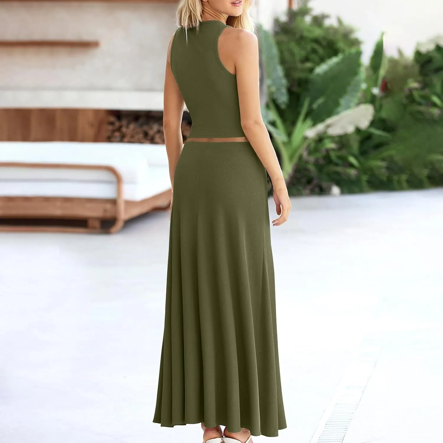 Womens Two Piece Skirt Set Casual Ribbed Knit Crew Neck Short Sleeve Slim Fit Cropped Tops and Swing Midi Skirts Sets