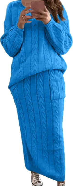 Women's Winter Chunky Cable Knit Set Long Sleeve Crew Neck Sweater Top & Long Pencil Skirt Sets Casual 2 Piece Outfits