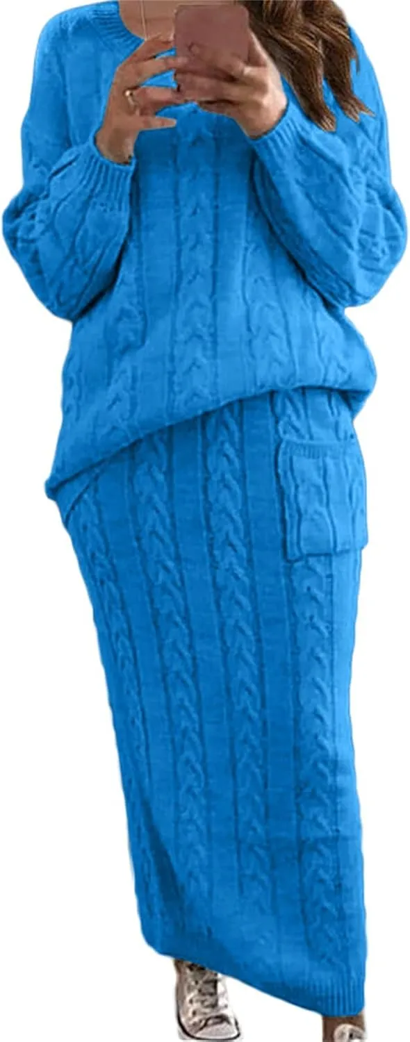 Women's Winter Chunky Cable Knit Set Long Sleeve Crew Neck Sweater Top & Long Pencil Skirt Sets Casual 2 Piece Outfits