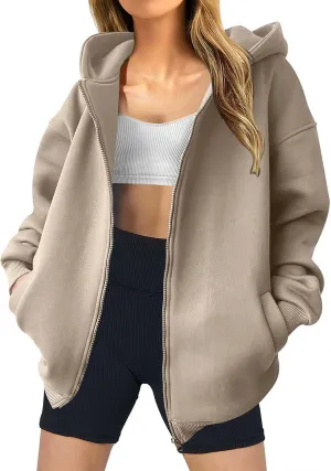 Womens Zip Up Hoodies Fleece Jackets Long Sleeve Oversized Sweatshirt Casual Fall Fashion Preppy Outfits for Women