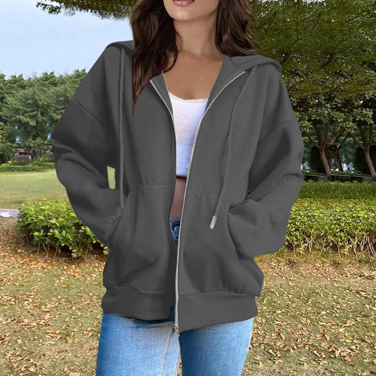 Womens Zip Up Hoodies Sweatshirt Long Sleeve Oversized Fleece Y2K Jacket Fall Outfits Fashion Clothes
