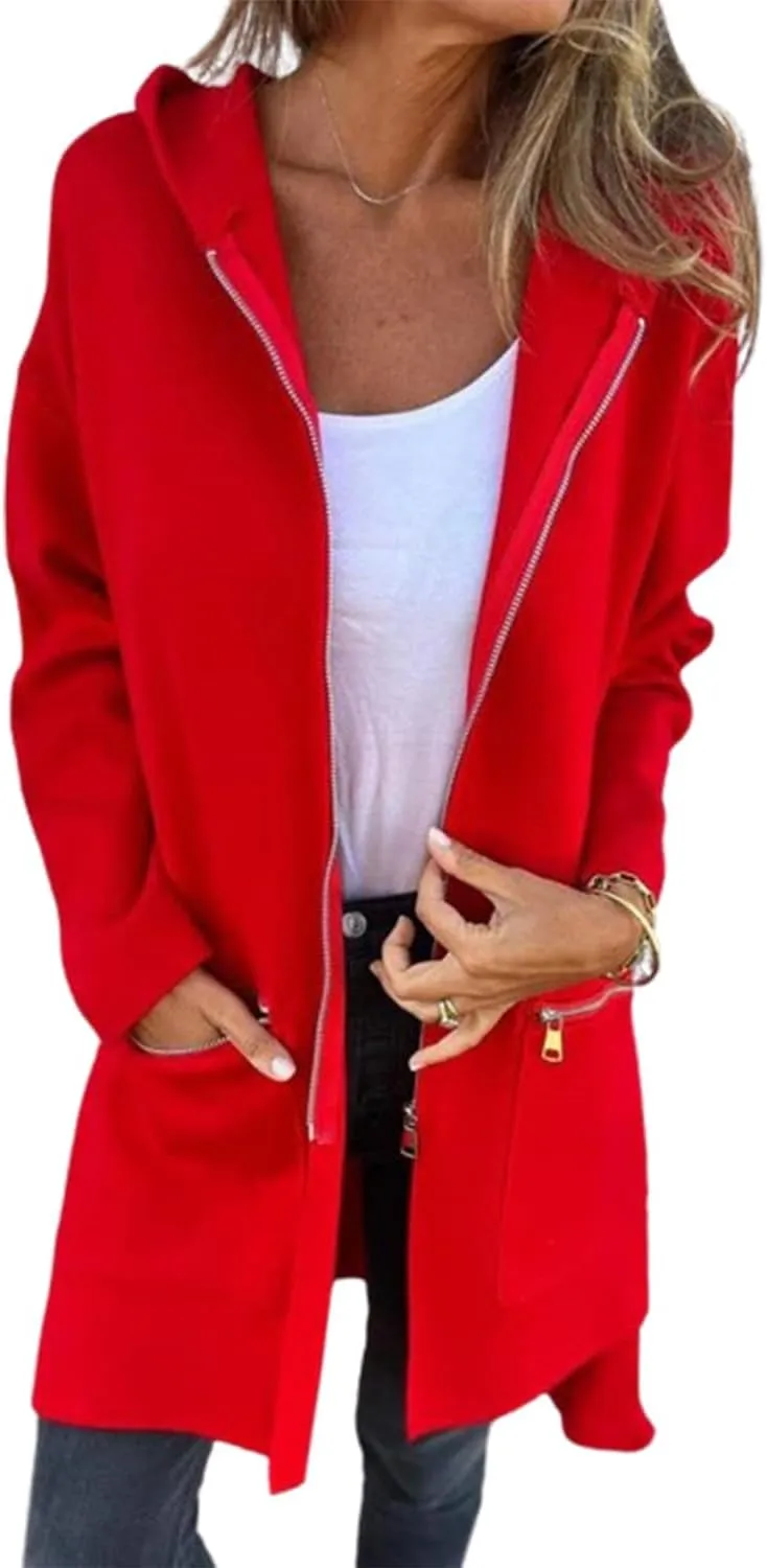 Womens Zip Up Long Hoodie Jacket Tunic Sweatshirt Open Front Cardigan Fall Winter Fleece Jacket Coat with Pockets
