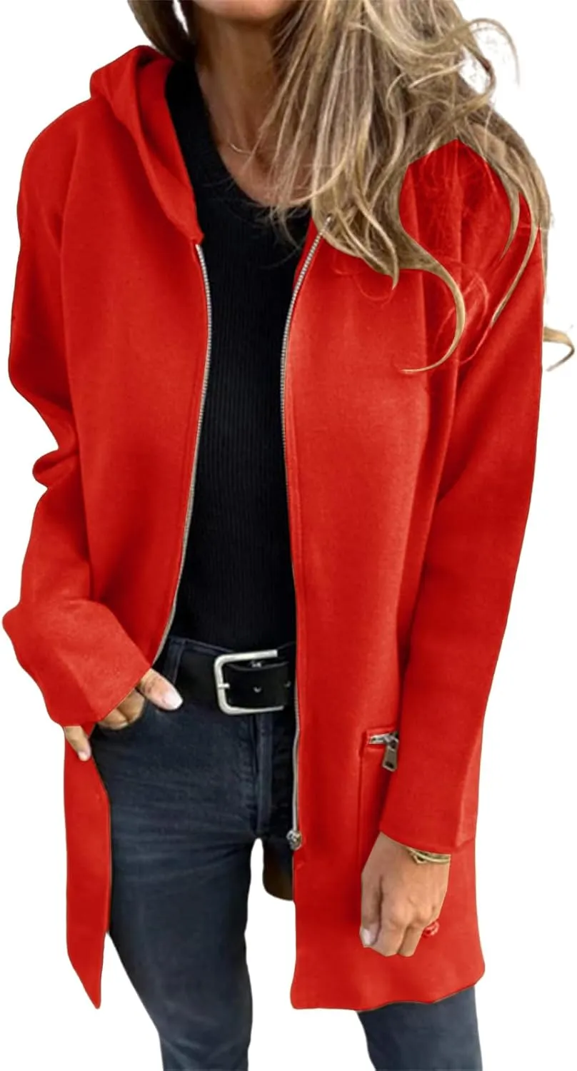 Womens Zip Up Long Hoodie Jacket Tunic Sweatshirt Open Front Cardigan Fall Winter Fleece Jacket Coat with Pockets