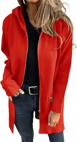 Womens Zip Up Long Hoodie Jacket Tunic Sweatshirt Open Front Cardigan Fall Winter Fleece Jacket Coat with Pockets