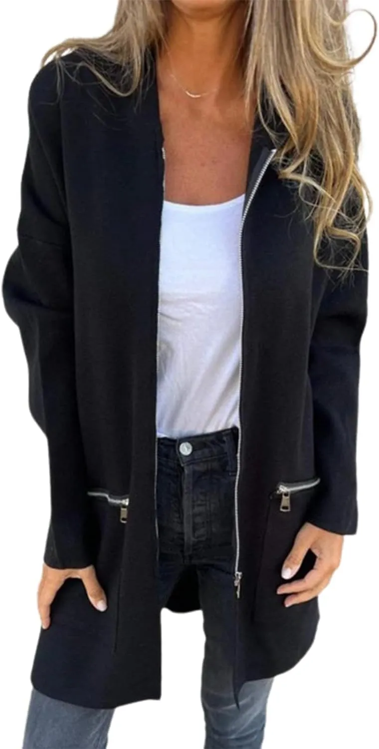 Womens Zip Up Long Hoodie Jacket Tunic Sweatshirt Open Front Cardigan Fall Winter Fleece Jacket Coat with Pockets