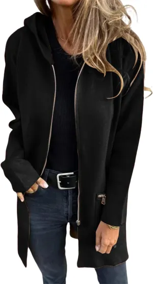 Womens Zip Up Long Hoodie Jacket Tunic Sweatshirt Open Front Cardigan Fall Winter Fleece Jacket Coat with Pockets