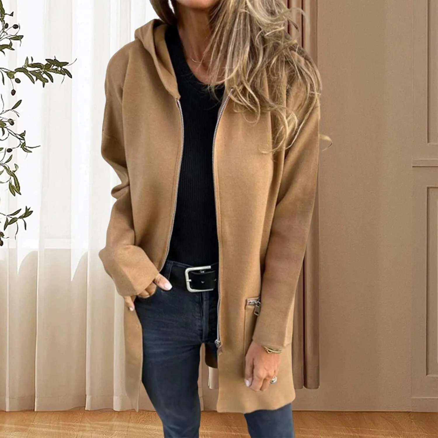 Womens Zip Up Long Hoodie Jacket Tunic Sweatshirt Open Front Cardigan Fall Winter Fleece Jacket Coat with Pockets