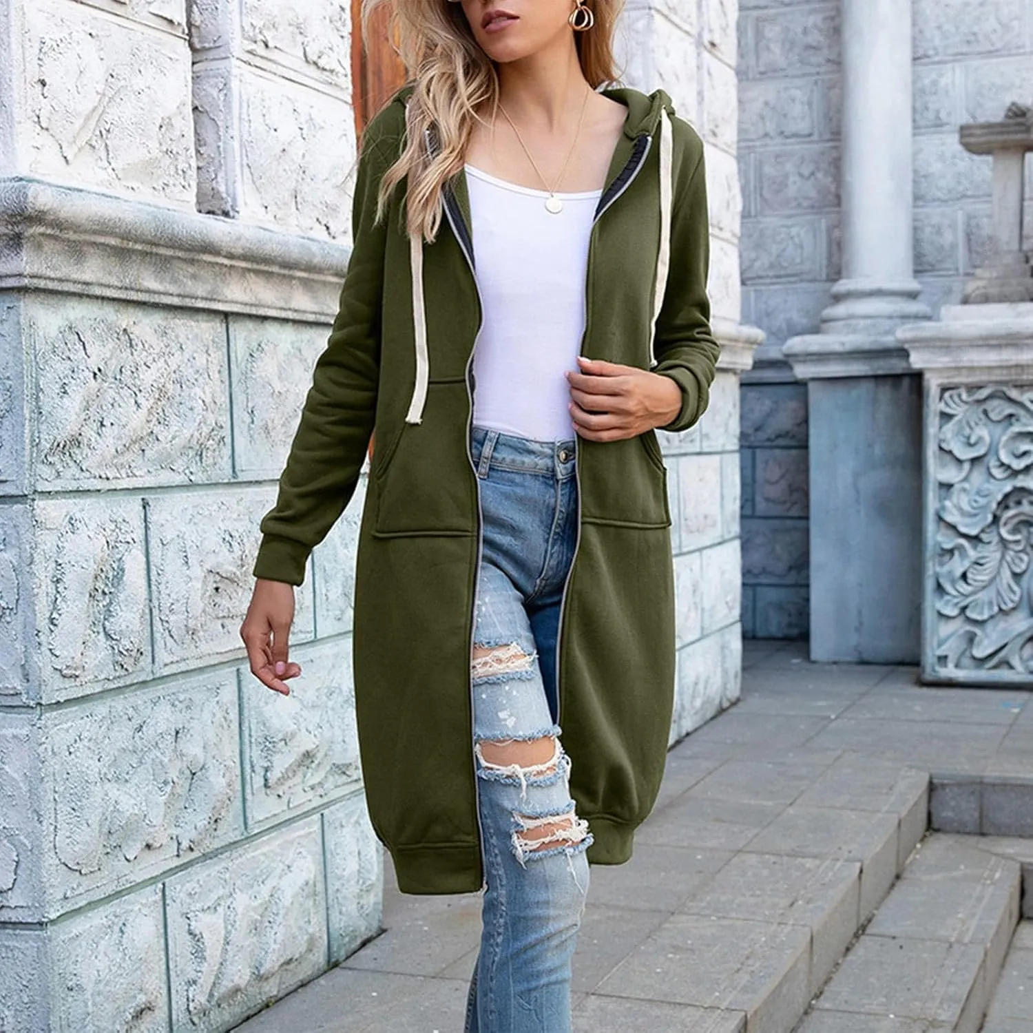Women's Zip Up Long Hoodies Oversized Long Sleeve Drawstring Hooded Sweatshirts 2025 Fall Fleece Jackets with Pockets