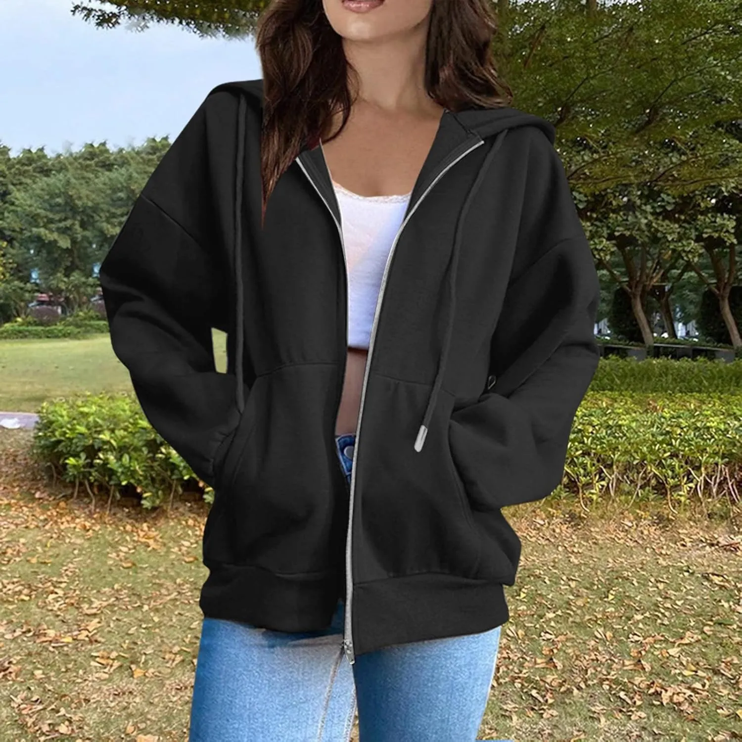 Womens Zip Up Y2K Hoodies Casual Long Sleeve Fall Oversized Sweatshirts Jacket with Pockets 2024 Fashion Clothes