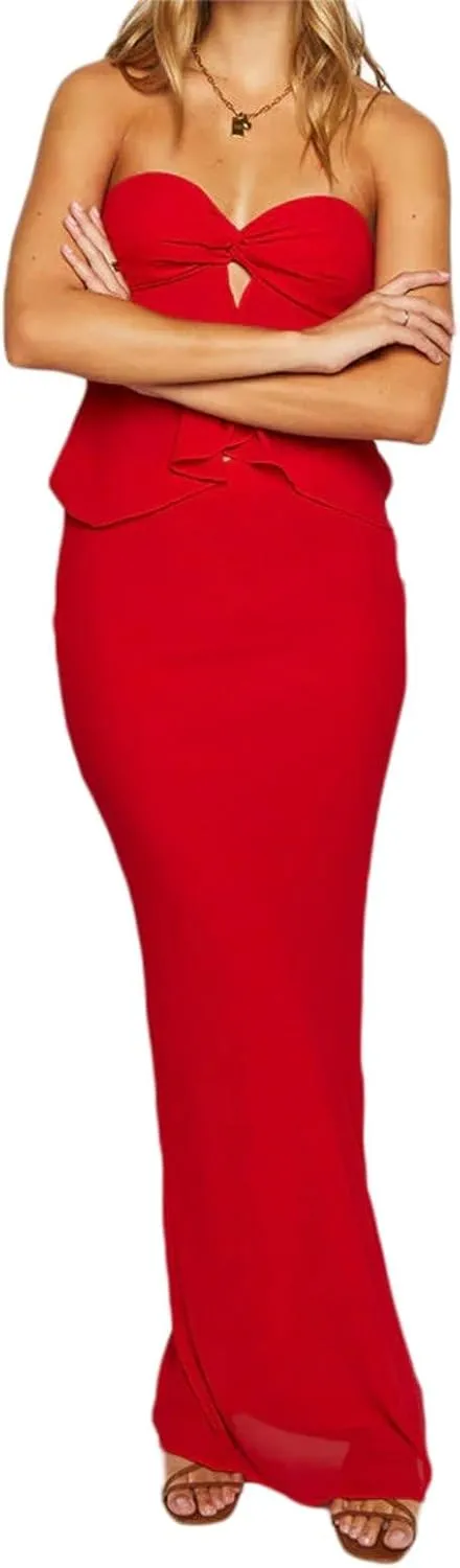 Y2K Maxi Skirt Sets for Women Sequin Floral Strapless Tube Top Long Skirt Sexy Mesh 2 Piece Outfits Vacation Beach