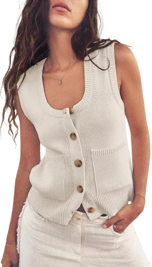 ZDC Women's Summer Sweater Vest Button Down Sleeveless Tank Tops Lightweight Vests with Pockets