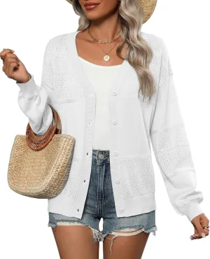 Zeagoo 2025 Womens Cardigan Casual Long Sleeve Lightweight Crochet Shrug V Neck Tops Button Down Soft Knit Sweater