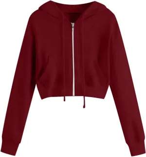 Zip up Hoodie Women Cropped Fashion Sweatshirt Drawstring Hoodies Casual Winter Jackets Long Sleeve Fall Tops 2024
