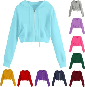 Zip up Hoodie Women Cropped Fashion Sweatshirt Drawstring Hoodies Casual Winter Jackets Long Sleeve Fall Tops 2024