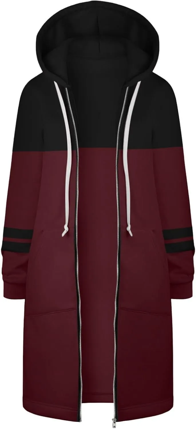 Zip Up Hoodie Women Long Sleeve Knee Length Tunic Hoodies Winter Fleece Hooded Sweatshirt 2024 Fall Long Jackets