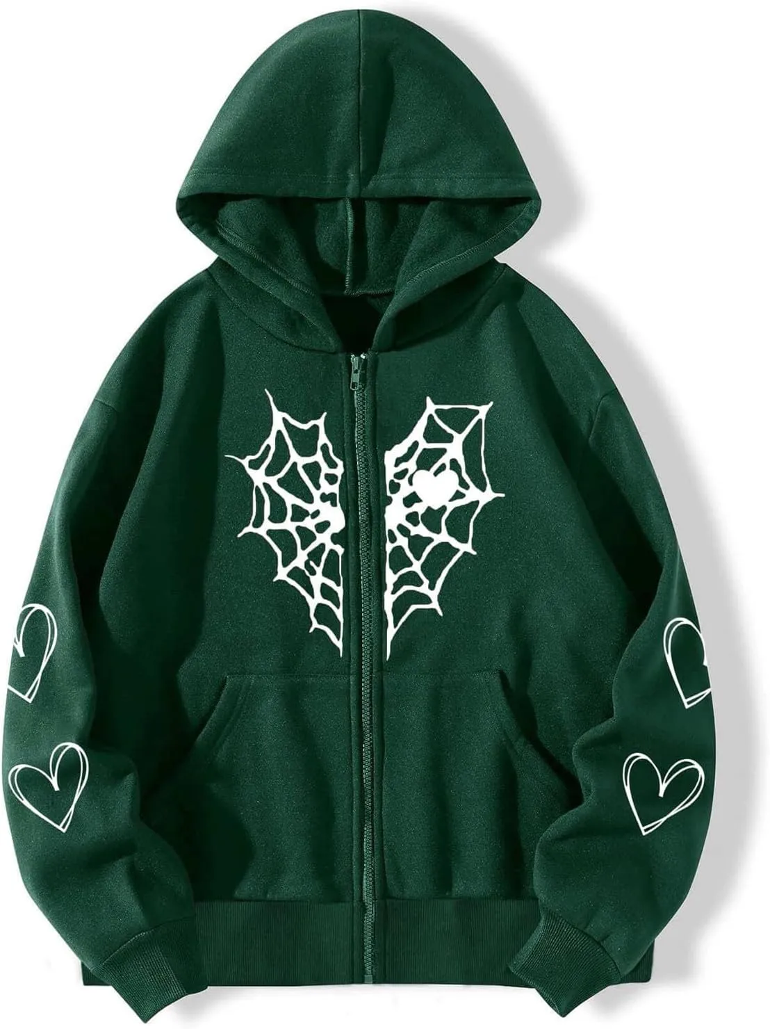 Zip Up Hoodies for Women Y2K Sweatshirt Spider Web Print Halloween Love Heart Goth Hooded Hoodie Hoody with Pockets