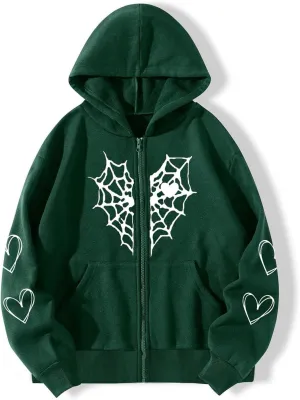 Zip Up Hoodies for Women Y2K Sweatshirt Spider Web Print Halloween Love Heart Goth Hooded Hoodie Hoody with Pockets