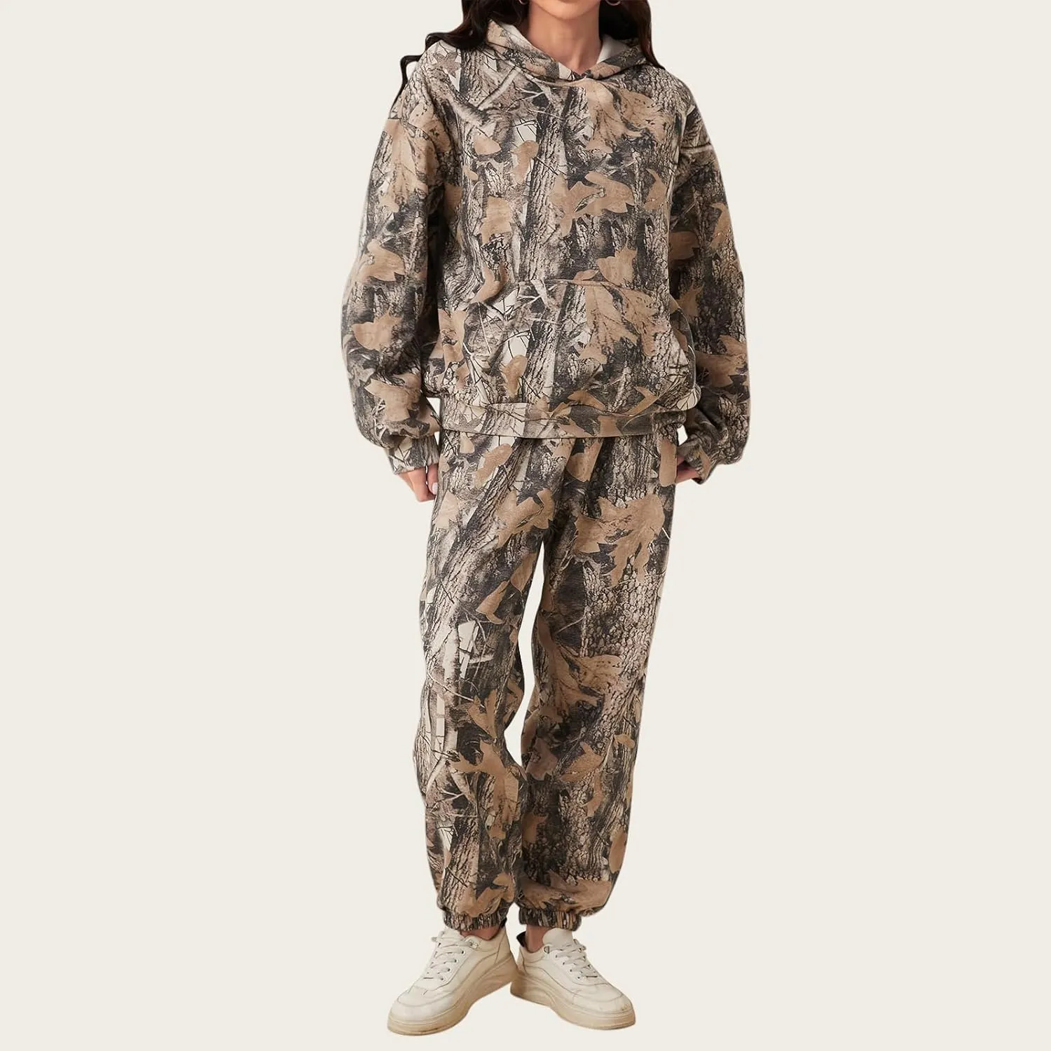 ZWRXW Camo Sweatsuits Women 2 Piece Outfit Lounge Set Maple Leaf Print Oversized Hoodie Camo Sweatpants Set Casual Tracksuit